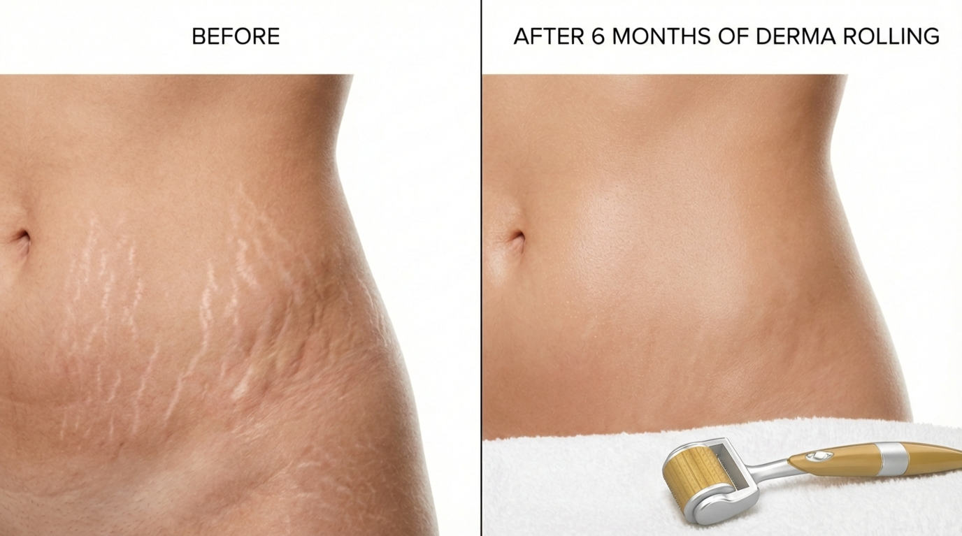 Before and after 6 months of derma rolling for stretch marks on abdomen — visible reduction in stretch mark depth and appearance