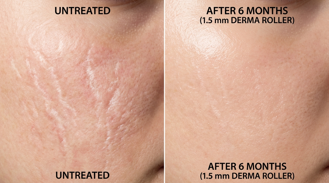 Close-up comparison of untreated stretch marks versus after 6 months of 1.5mm derma roller treatment — showing visible reduction in scar depth and redness