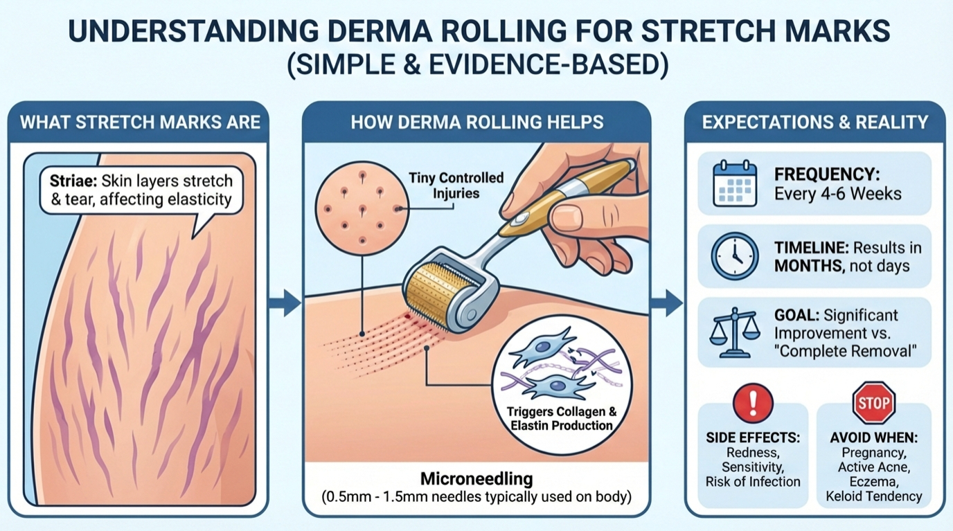 Infographic: Understanding derma rolling for stretch marks - what they are, how microneedling helps, expectations and reality